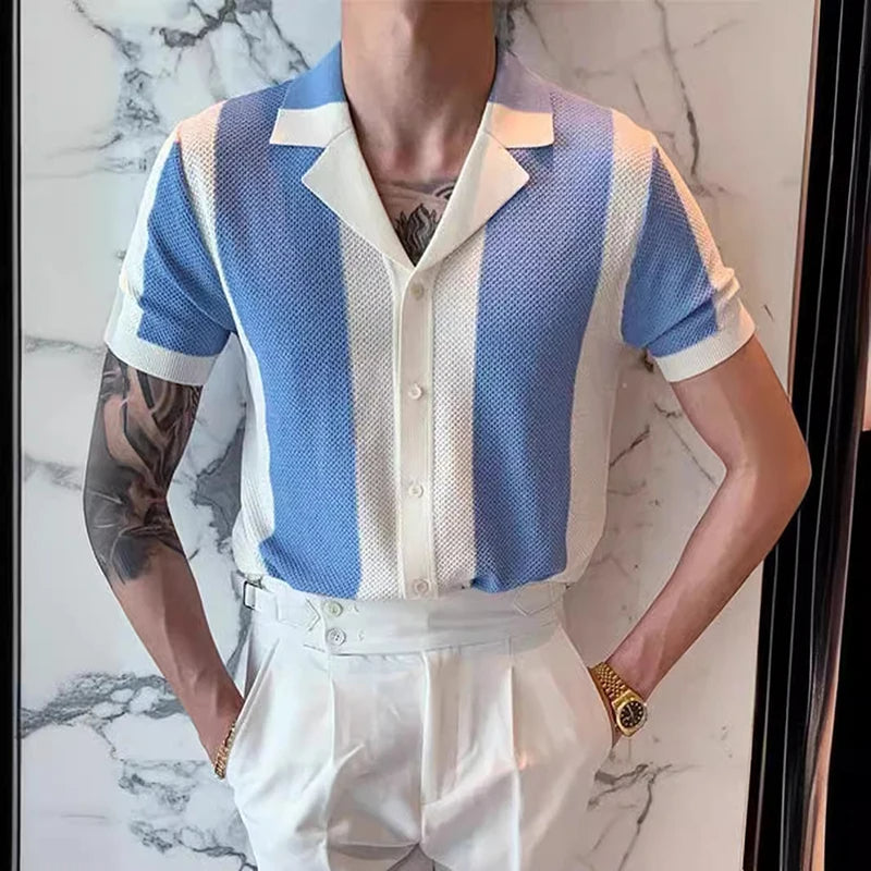 Hemd mit Knopfleiste – Kurzarm – Gestreift – Polohemd – Herrenhemden-Hellblau-S-Chaps Herrenmode