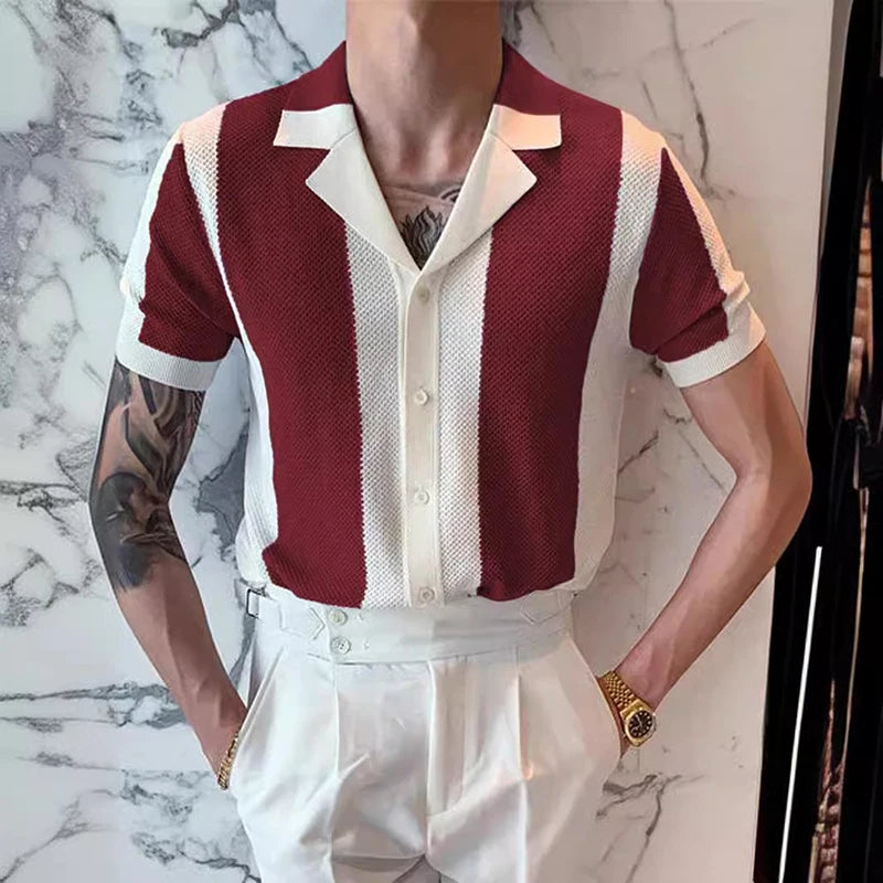 Hemd mit Knopfleiste – Kurzarm – Gestreift – Polohemd – Herrenhemden-Rot-S-Chaps Herrenmode