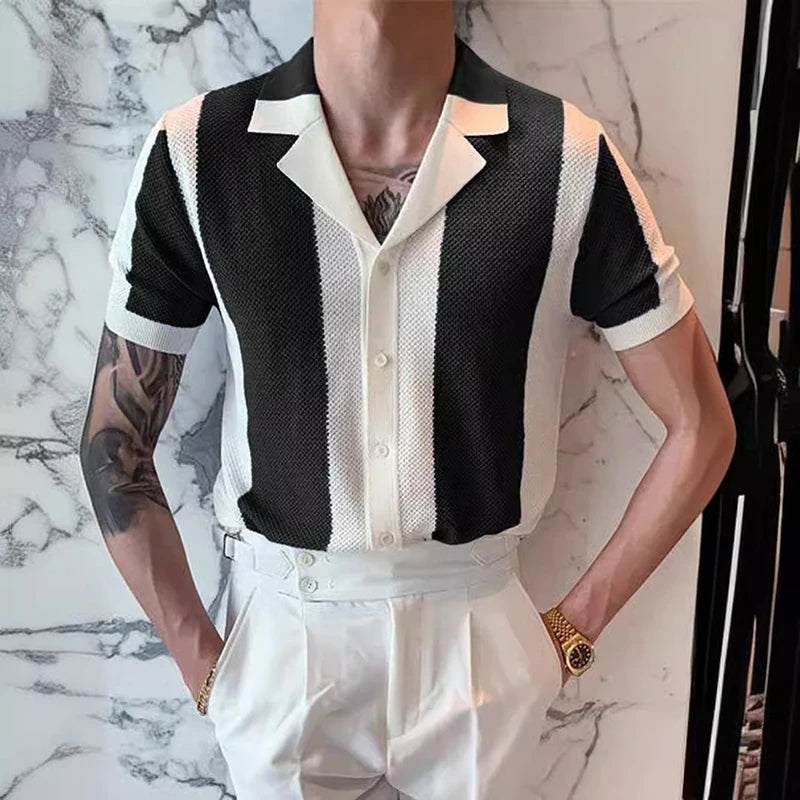 Hemd mit Knopfleiste – Kurzarm – Gestreift – Polohemd – Herrenhemden-Schwarz-S-Chaps Herrenmode