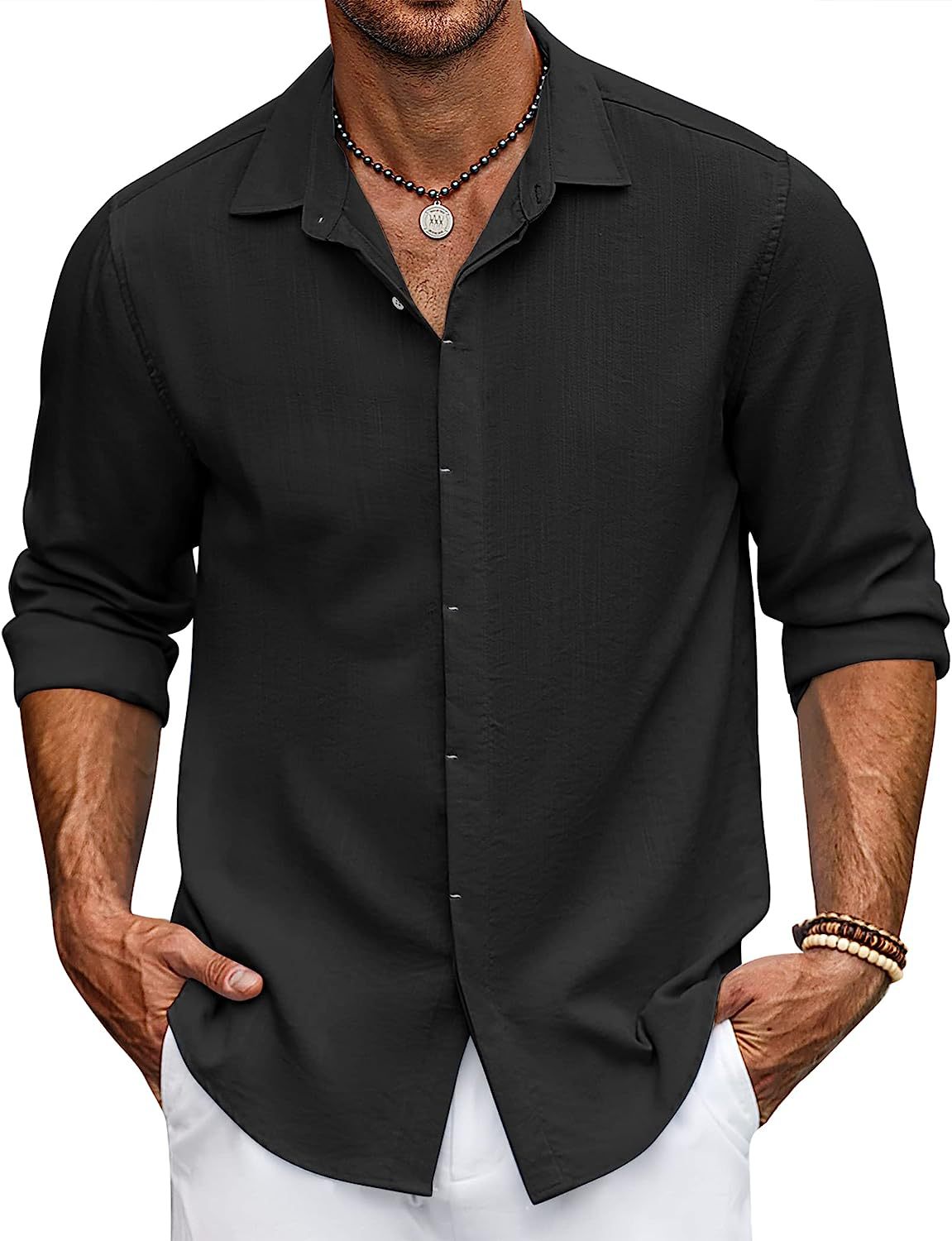 Hemd mit Knopfleiste | Lockere Passform | Hemd mit Knopfleiste | Langarmhemd | Herrenhemden-Schwarz-M-Chaps Herrenmode