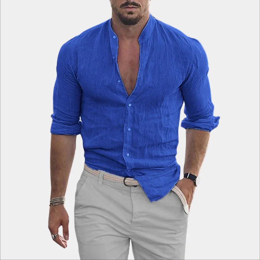 Hemd mit Knopfleiste – langärmlig – aus Baumwolle – Leinenhemd – Herrenhemden-Blau-M-Chaps Herrenmode
