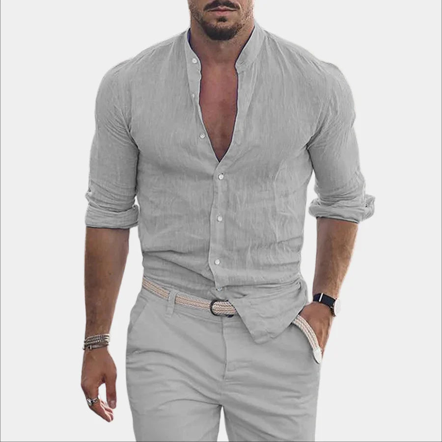 Hemd mit Knopfleiste – langärmlig – aus Baumwolle – Leinenhemd – Herrenhemden-Grau-M-Chaps Herrenmode