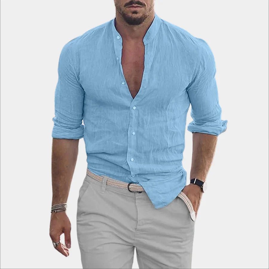 Hemd mit Knopfleiste – langärmlig – aus Baumwolle – Leinenhemd – Herrenhemden-Hellblau-M-Chaps Herrenmode