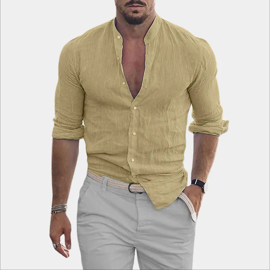 Hemd mit Knopfleiste – langärmlig – aus Baumwolle – Leinenhemd – Herrenhemden-Khaki-M-Chaps Herrenmode