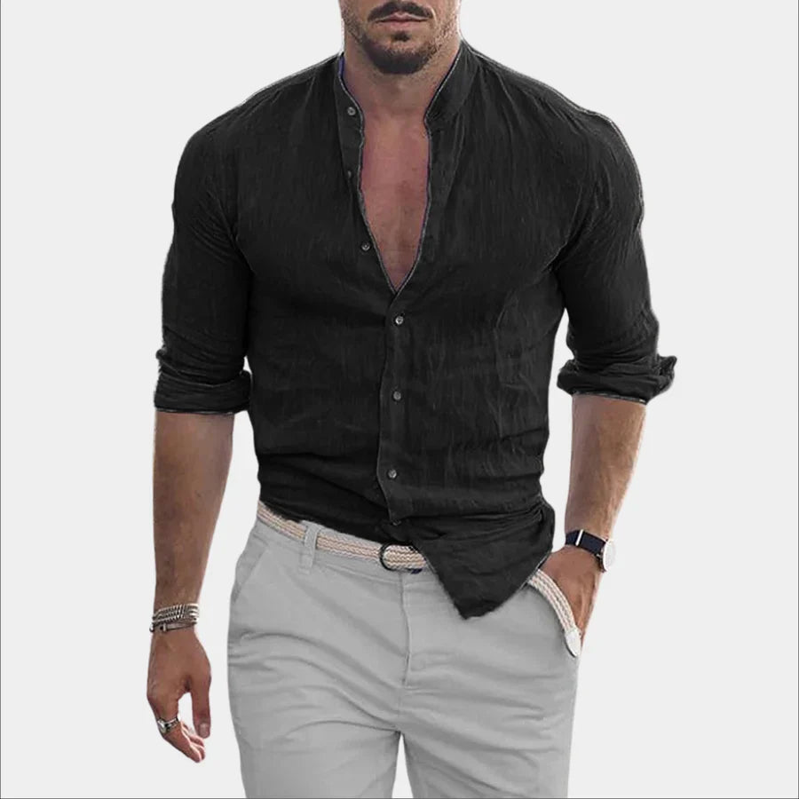 Hemd mit Knopfleiste – langärmlig – aus Baumwolle – Leinenhemd – Herrenhemden-Schwarz-M-Chaps Herrenmode