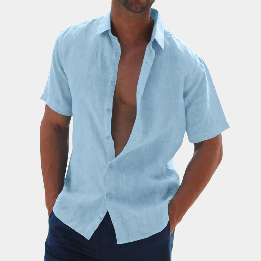 Hemd mit kurzen Ärmeln - Leinenhemd mit Kragen und Knopfleiste für Männer-Himmelblau-S-Chaps Herrenmode