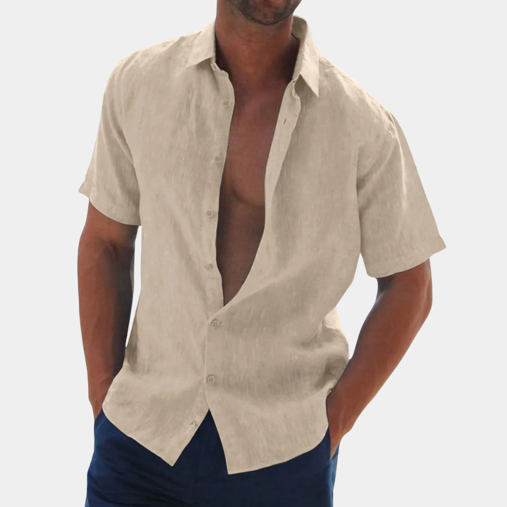 Hemd mit kurzen Ärmeln - Leinenhemd mit Kragen und Knopfleiste für Männer-Khaki-S-Chaps Herrenmode