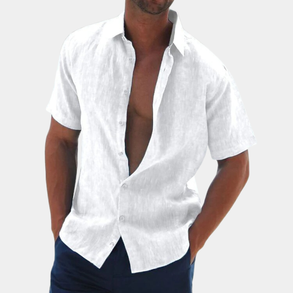 Hemd mit kurzen Ärmeln - Leinenhemd mit Kragen und Knopfleiste für Männer-Weiß-S-Chaps Herrenmode