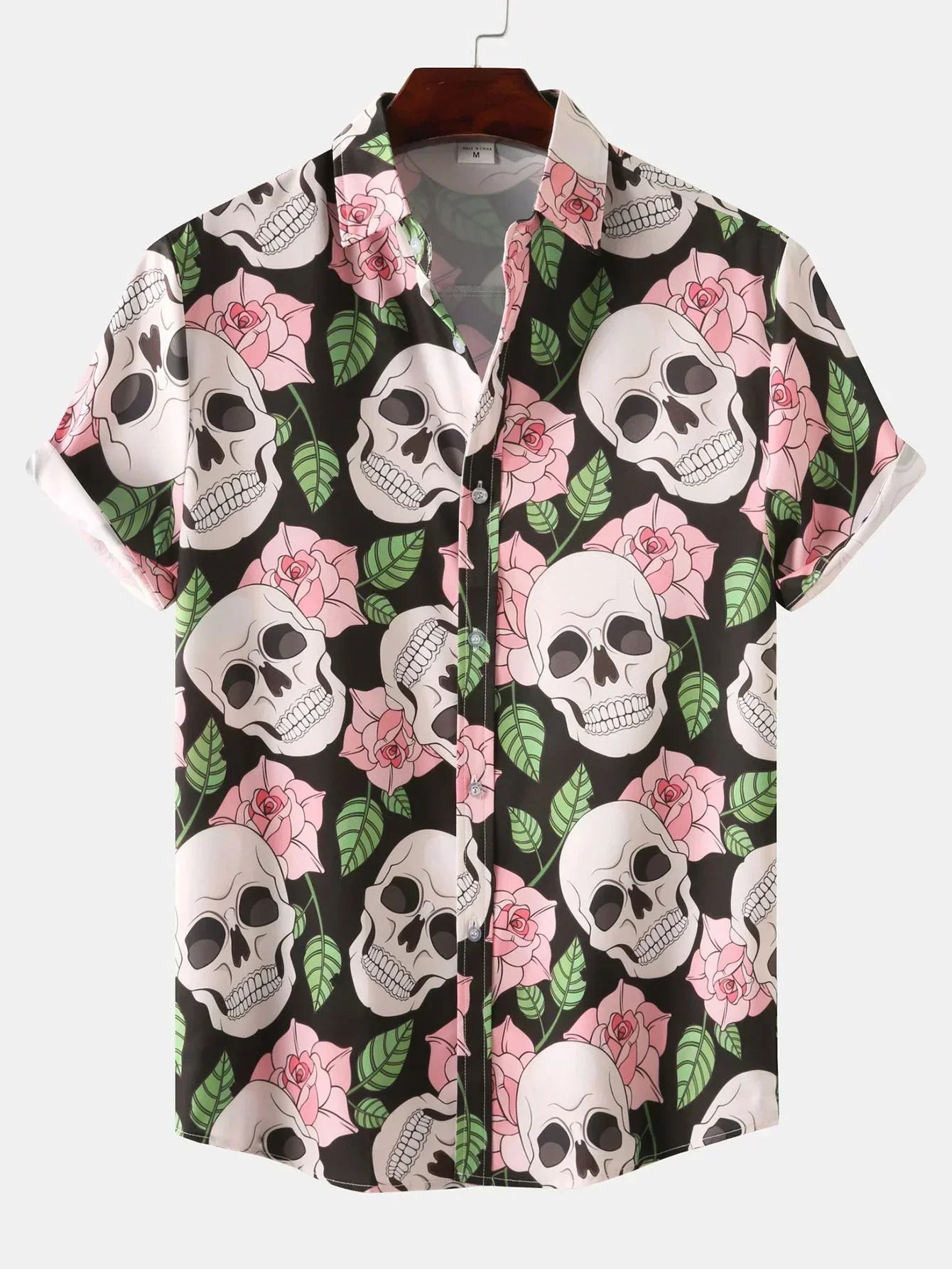 Hemd mit kurzen Ärmeln - Totenkopfdruck - mit Kragen - Hemd mit Knopfleiste - Herrenbekleidung-Rosa-M-Chaps Herrenmode