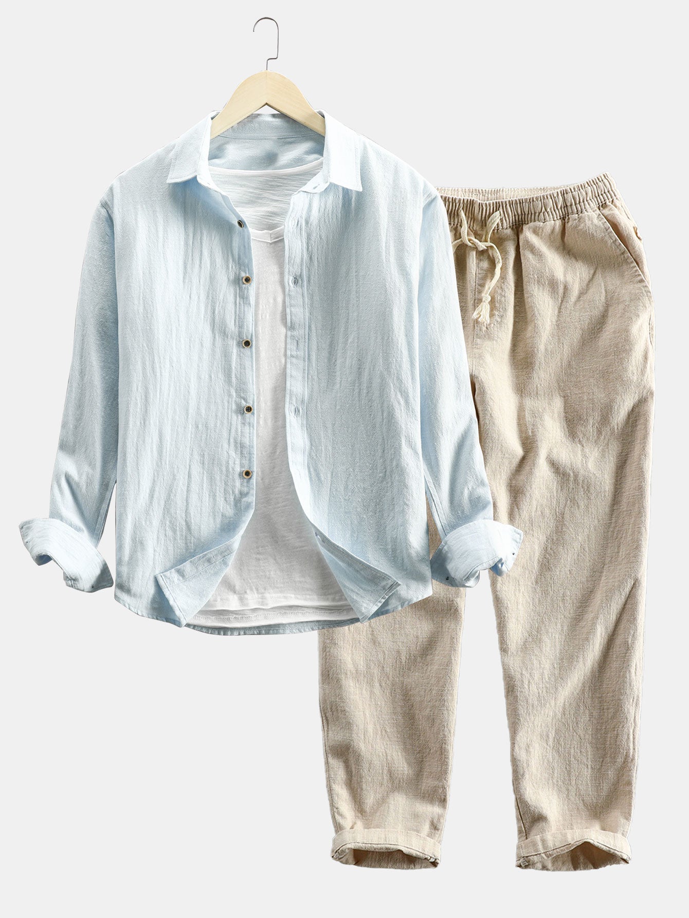 Hemd und Hose im Set | Knopfleiste | Lange Ärmel | Leinen Zweiteiler | Herren-Kombi-Hellblau-S-Chaps Herrenmode