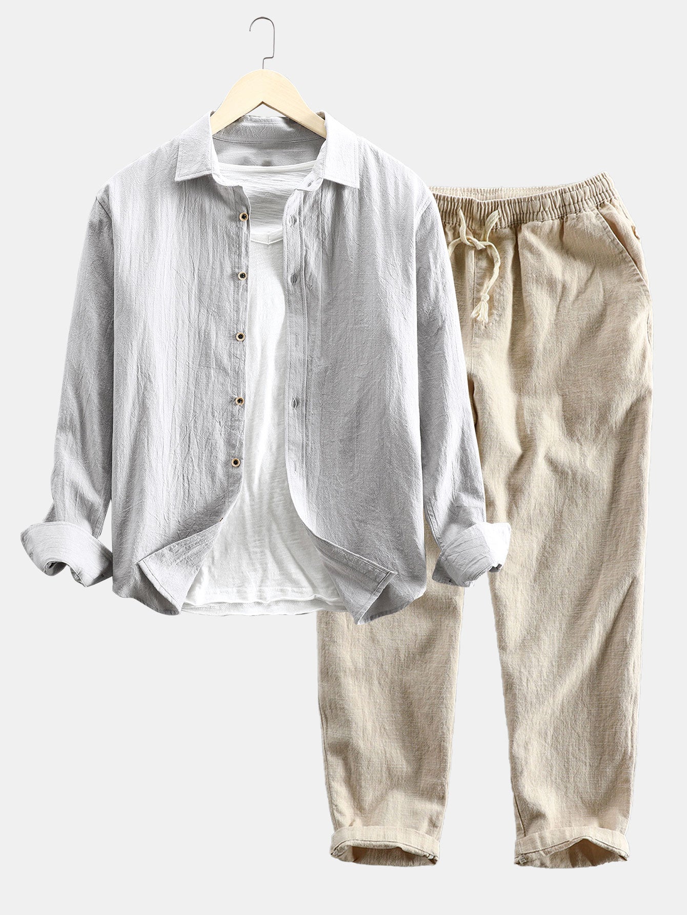 Hemd und Hose im Set | Knopfleiste | Lange Ärmel | Leinen Zweiteiler | Herren-Kombi-Silber-S-Chaps Herrenmode