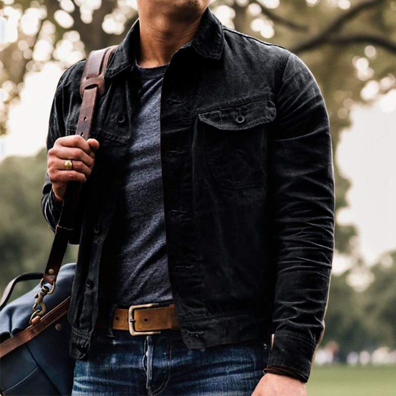 Herbstjacke - Herren Button-Up Vintage Jacke mit Brusttaschen-Schwarz-S-Chaps Herrenmode