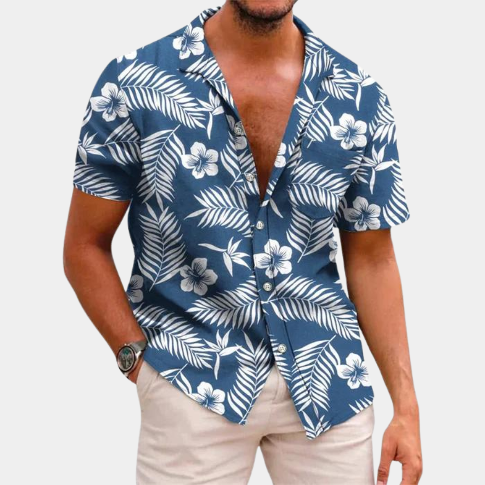 Herren-Blumenhemd | Button-Up | Collared | Kurzarmhemd | Sommerhemd-Blau-XS-Chaps Herrenmode