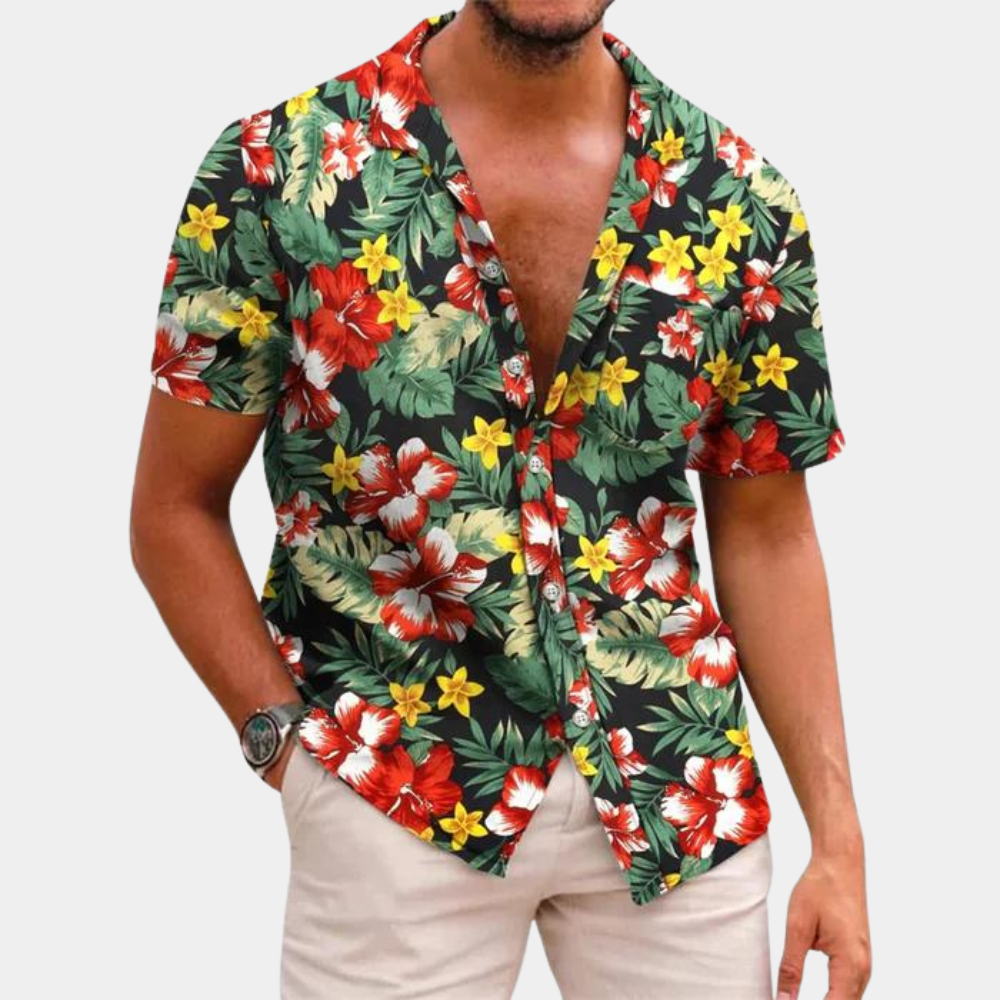Herren-Blumenhemd | Button-Up | Collared | Kurzarmhemd | Sommerhemd-Blumen-XS-Chaps Herrenmode