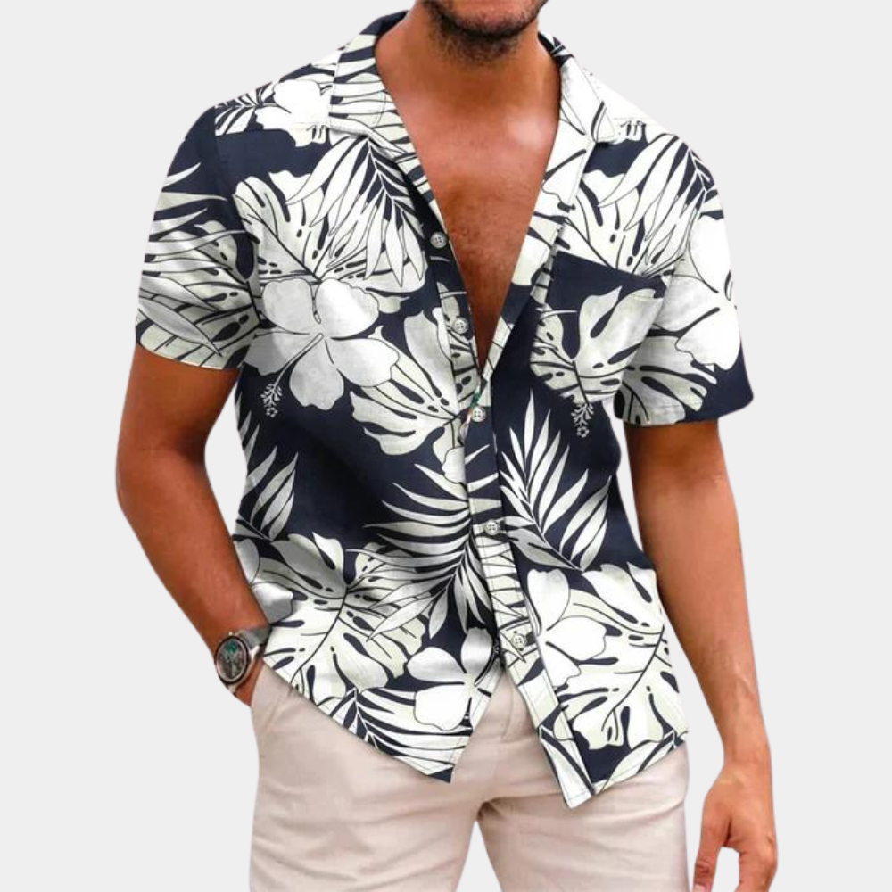 Herren-Blumenhemd | Button-Up | Collared | Kurzarmhemd | Sommerhemd-Schwarz-XS-Chaps Herrenmode