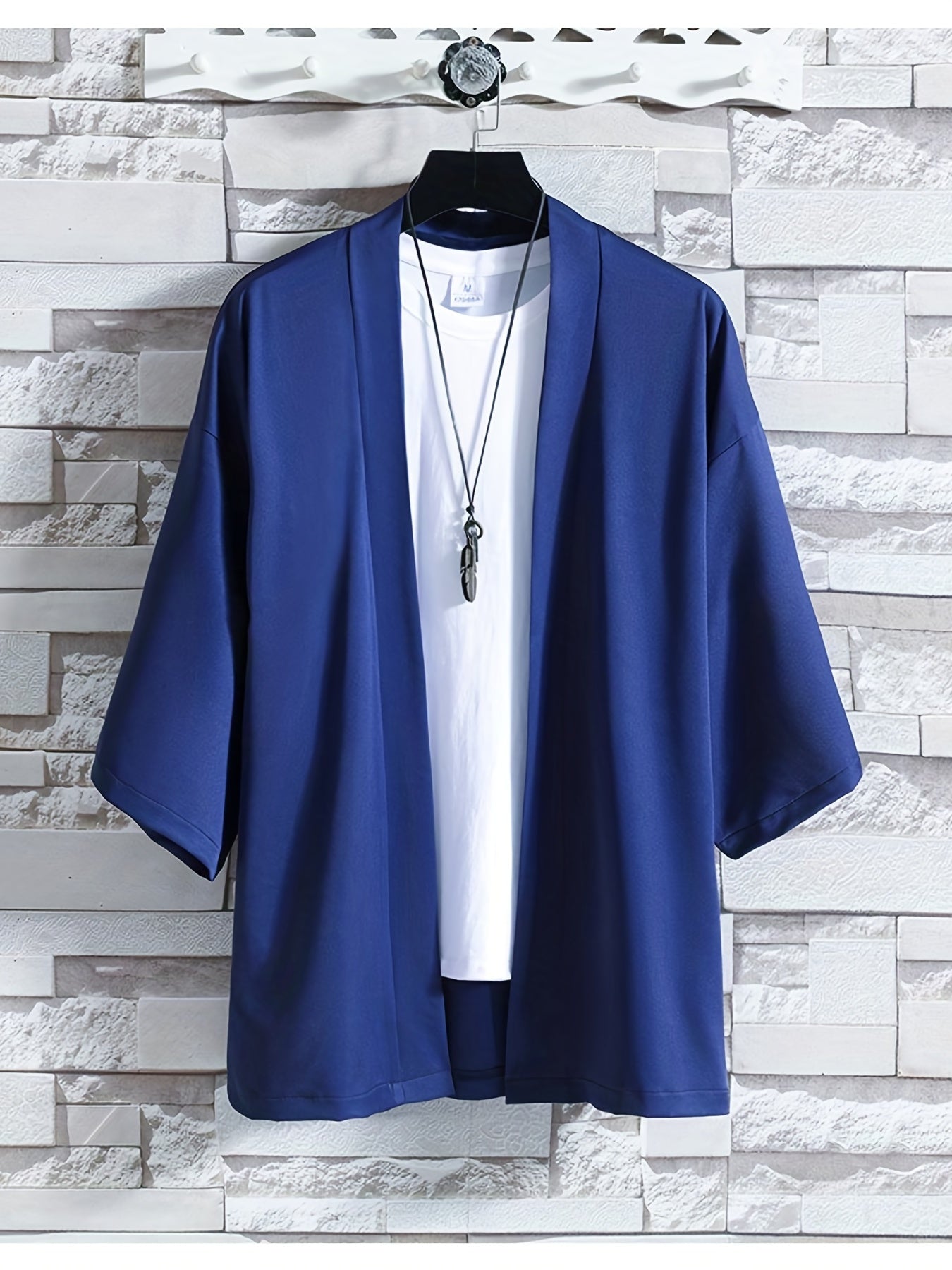 Herren-Kimono – locker sitzendes, übergroßes Overshirt mit kurzer Ärmel und offener Vorderseite-Blau-M-Chaps Herrenmode