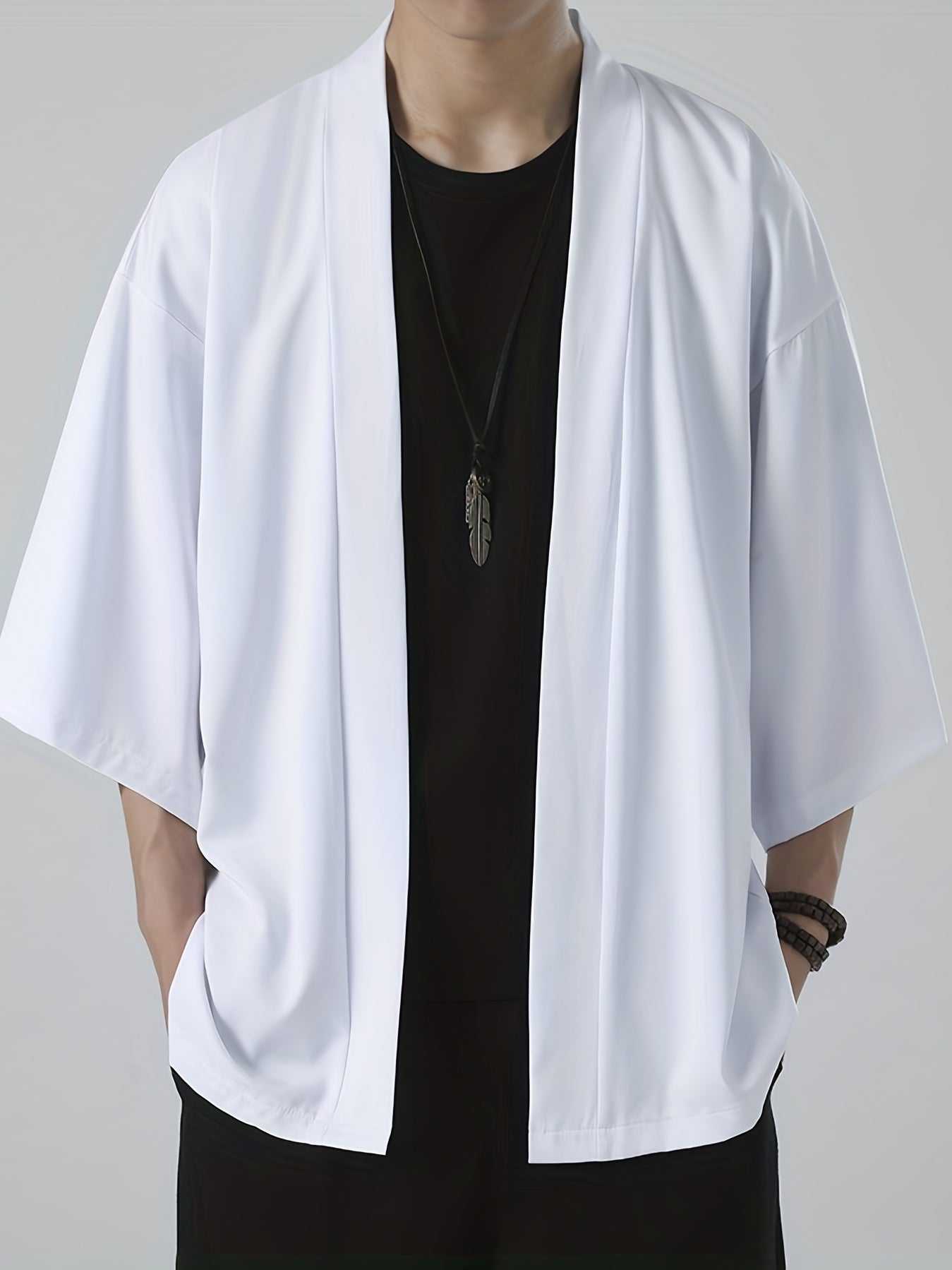 Herren-Kimono – locker sitzendes, übergroßes Overshirt mit kurzer Ärmel und offener Vorderseite-Weiß-M-Chaps Herrenmode