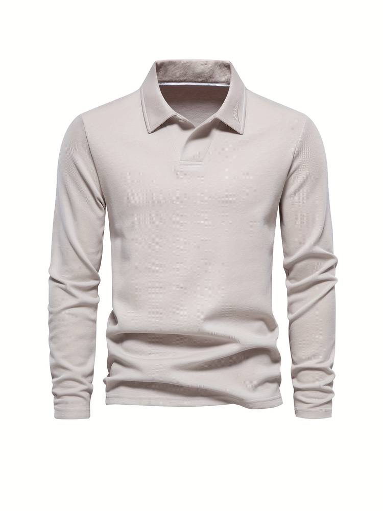Herren-Poloshirt | Mit Kragen | Einfarbig | Langarmshirts | Langarm-T-Shirts-Beige-S-Chaps Herrenmode