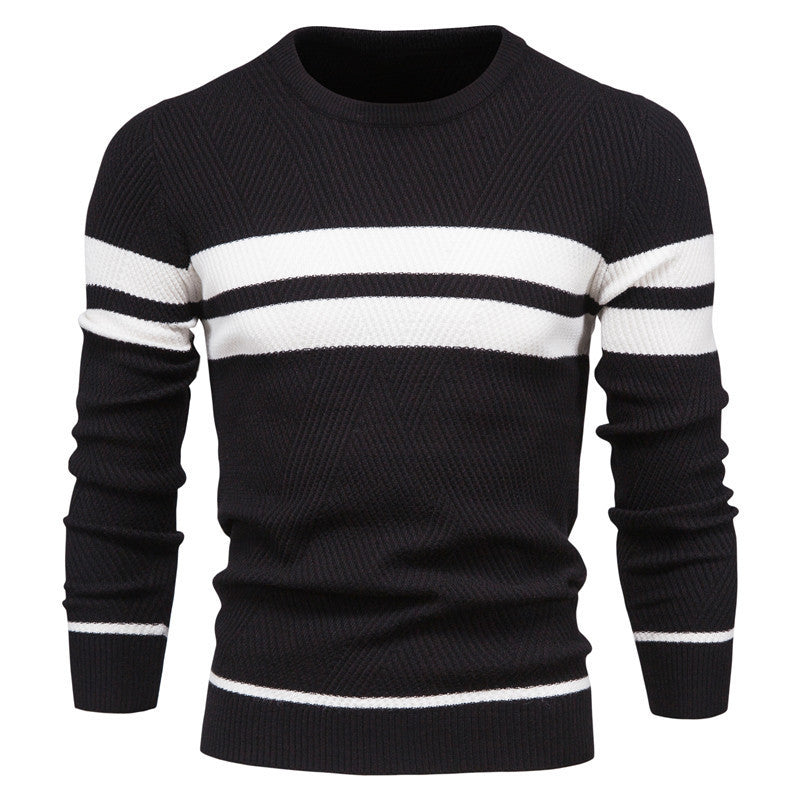 Herren Pullover - Rundhalsausschnitt - Gestreift - Strickpullover - Herrenbekleidung-Schwarz-S-Chaps Herrenmode
