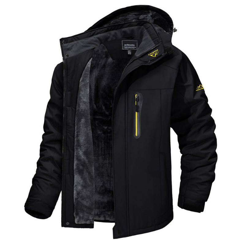 Herren-Softshelljacke – mit Fleece gefüttert – mit Kapuze – Windbreaker-Jacke – wetterfeste Jacken-Schwarz-S-Chaps Herrenmode