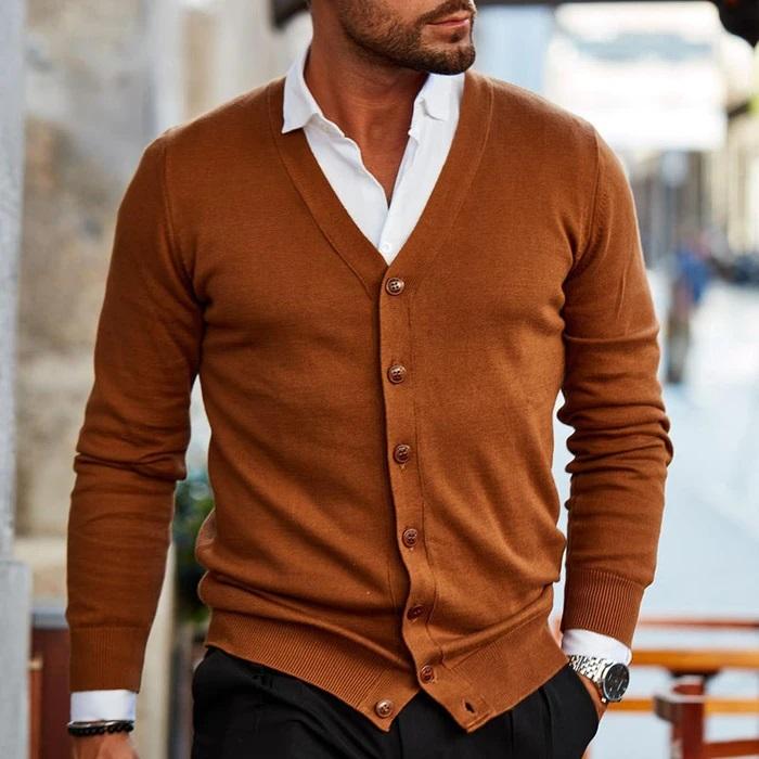 Herren-Strickjacke – V-Ausschnitt – Langarm – Strickjacke – Strickjacke mit Knöpfen-Dunkelbraun-S-Chaps Herrenmode