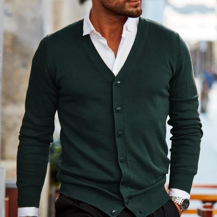 Herren-Strickjacke – V-Ausschnitt – Langarm – Strickjacke – Strickjacke mit Knöpfen-Dunkelgrün-S-Chaps Herrenmode