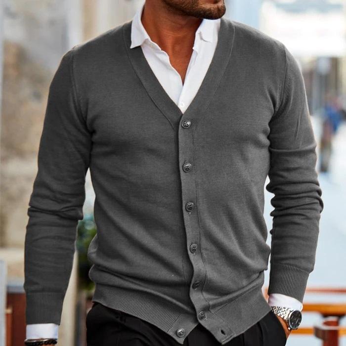 Herren-Strickjacke – V-Ausschnitt – Langarm – Strickjacke – Strickjacke mit Knöpfen-Grau-S-Chaps Herrenmode