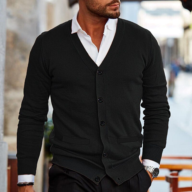 Herren-Strickjacke – V-Ausschnitt – Langarm – Strickjacke – Strickjacke mit Knöpfen-Schwarz-S-Chaps Herrenmode