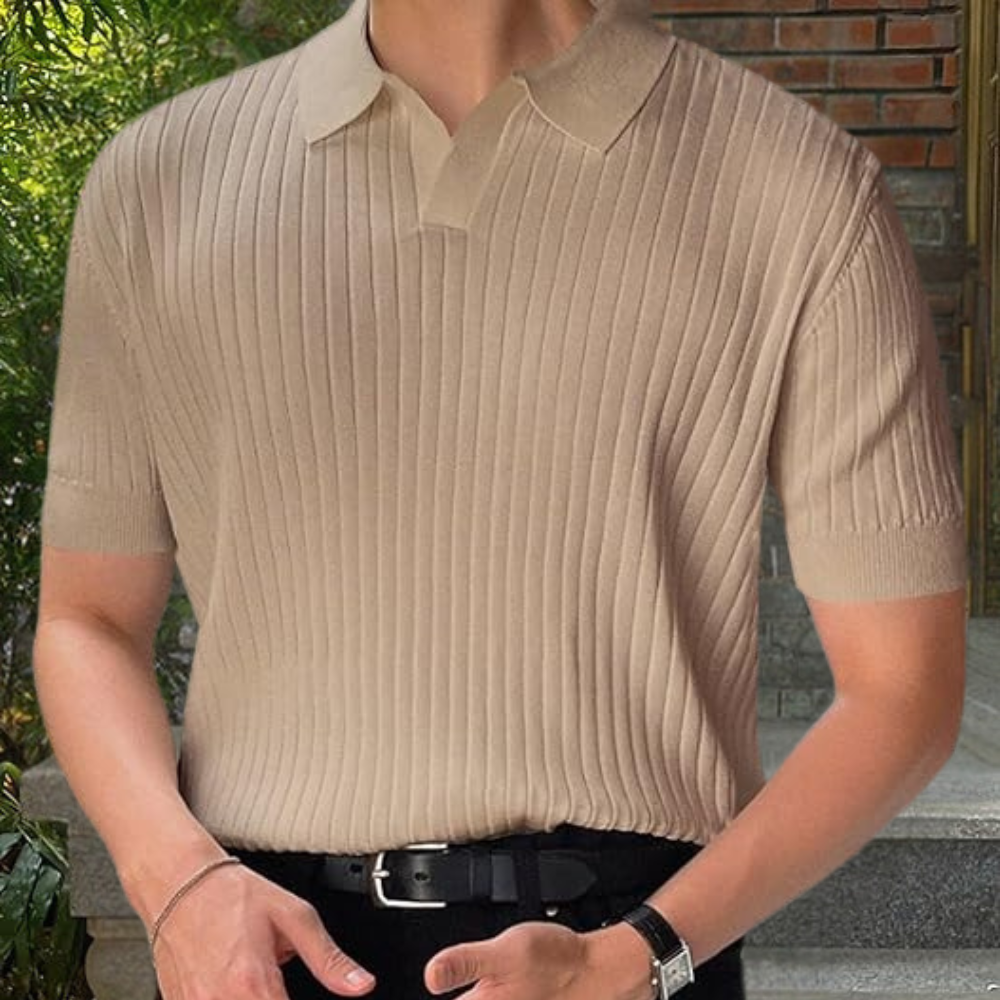 Herren-Strickpolo – Kurzarm – V-Ausschnitt – Poloshirt – Polopullover-Aprikose-S-Chaps Herrenmode