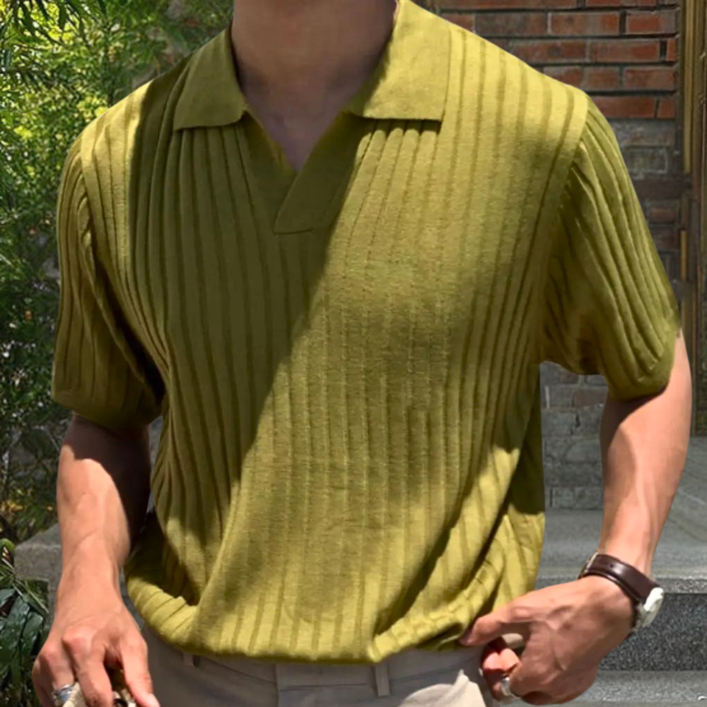 Herren-Strickpolo – Kurzarm – V-Ausschnitt – Poloshirt – Polopullover-Grün-S-Chaps Herrenmode