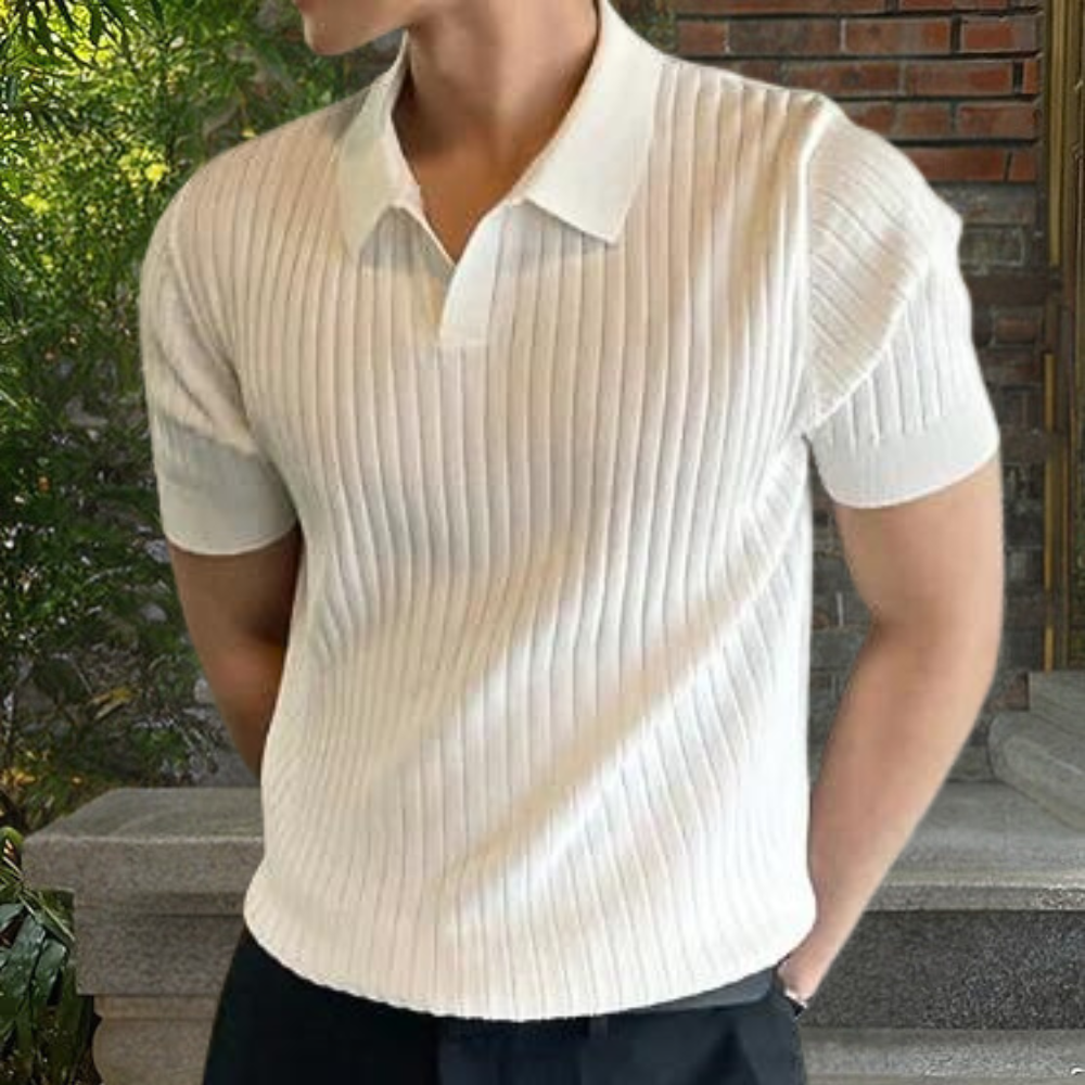 Herren-Strickpolo – Kurzarm – V-Ausschnitt – Poloshirt – Polopullover-Weiß-S-Chaps Herrenmode
