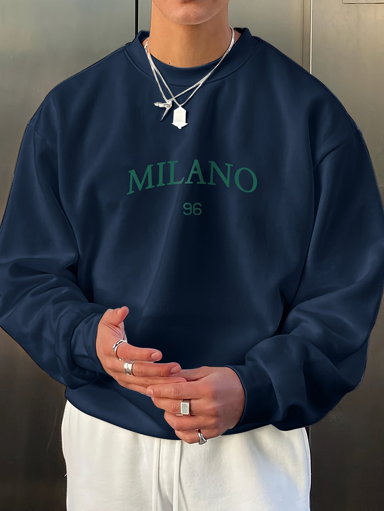 Herren-Sweatshirt – Rundhalsausschnitt – Print – Oversize-Sweatshirt – Oversize-Pullover-Marineblau-S-Chaps Herrenmode