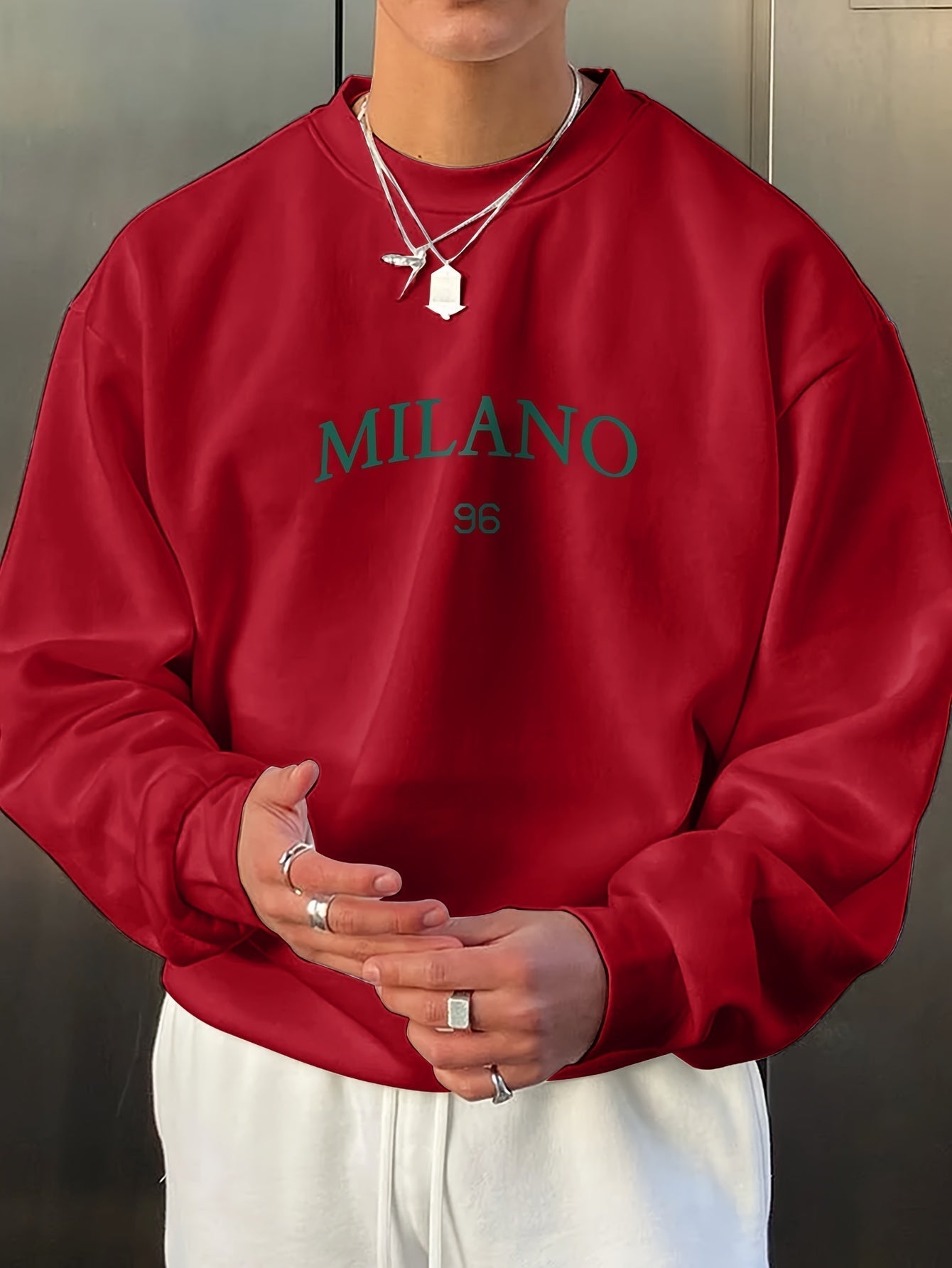Herren-Sweatshirt – Rundhalsausschnitt – Print – Oversize-Sweatshirt – Oversize-Pullover-Rot-S-Chaps Herrenmode