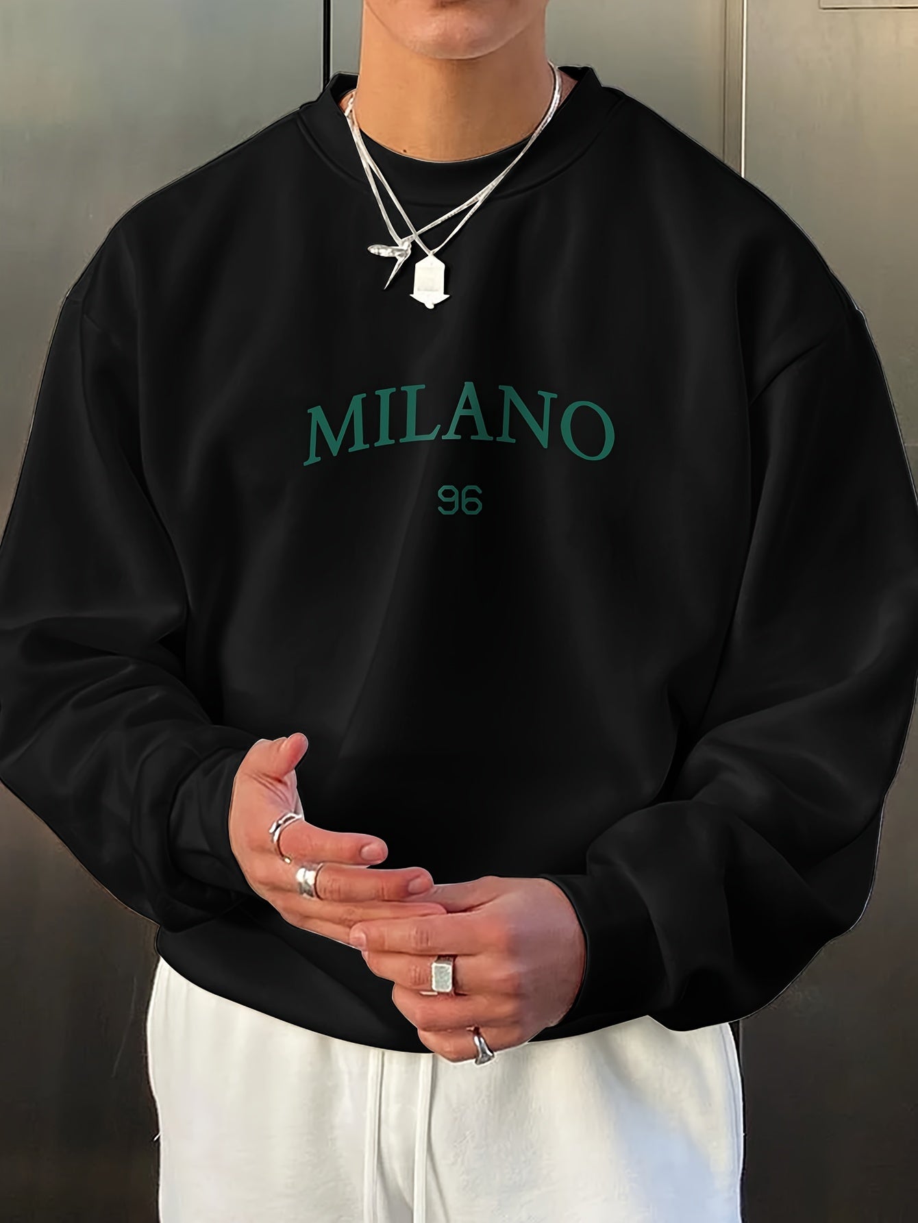 Herren-Sweatshirt – Rundhalsausschnitt – Print – Oversize-Sweatshirt – Oversize-Pullover-Schwarz-S-Chaps Herrenmode