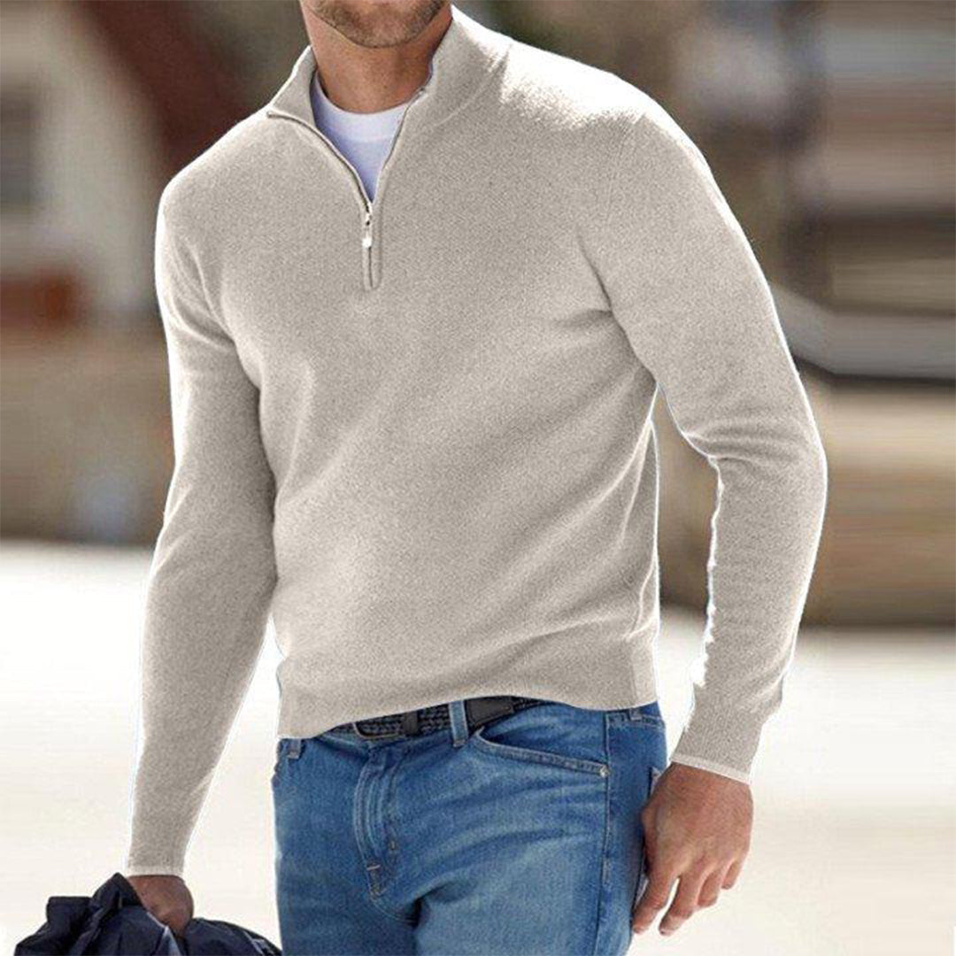 Herren-Sweatshirt mit halbem Reißverschluss – kuscheliger Langarm-Winterpullover-Beige-S-Chaps Herrenmode