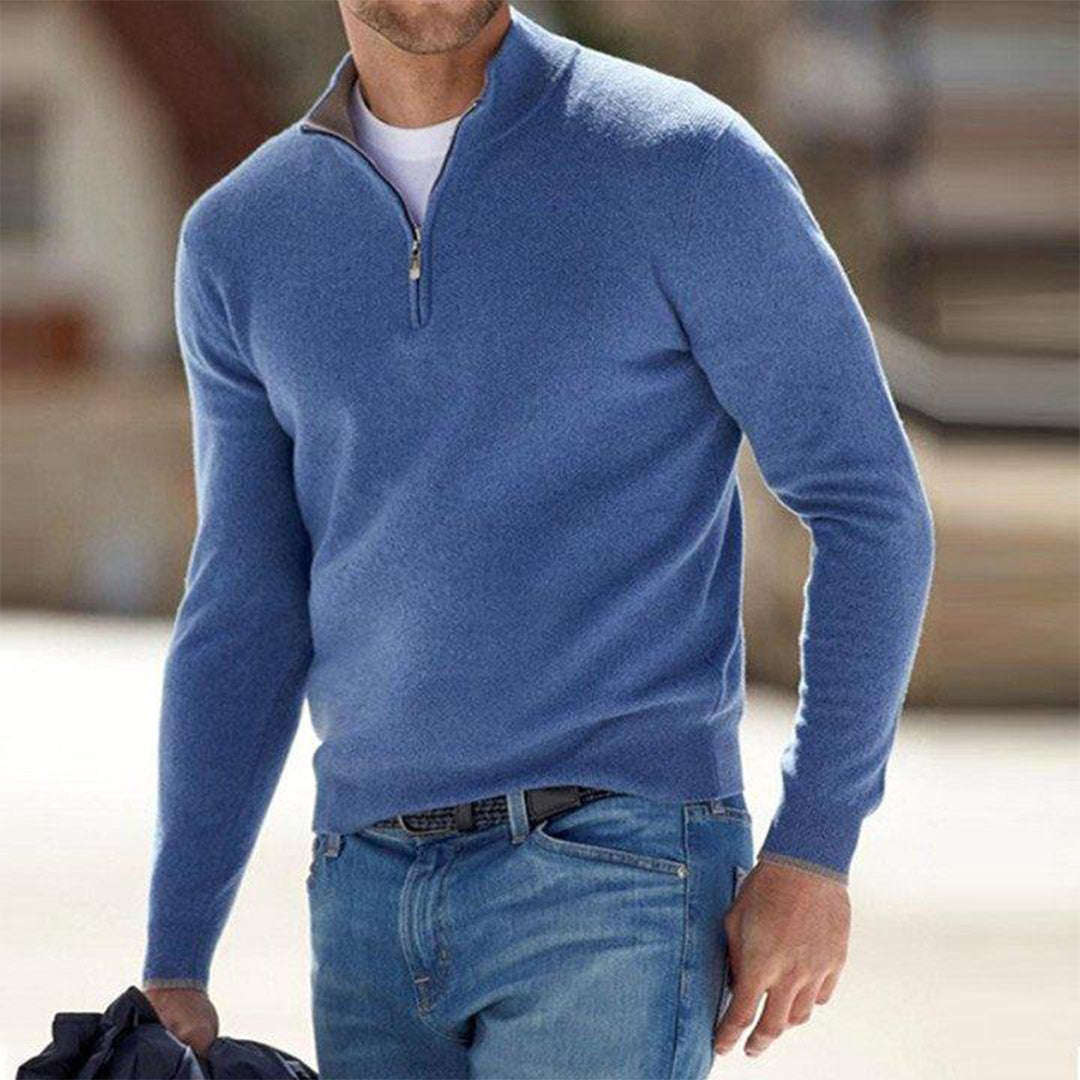 Herren-Sweatshirt mit halbem Reißverschluss – kuscheliger Langarm-Winterpullover-Blau-S-Chaps Herrenmode