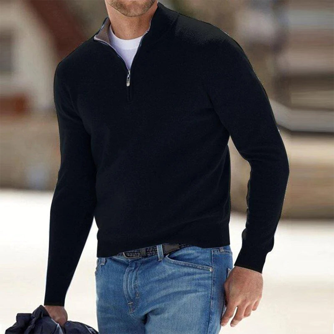 Herren-Sweatshirt mit halbem Reißverschluss – kuscheliger Langarm-Winterpullover-Schwarz-S-Chaps Herrenmode