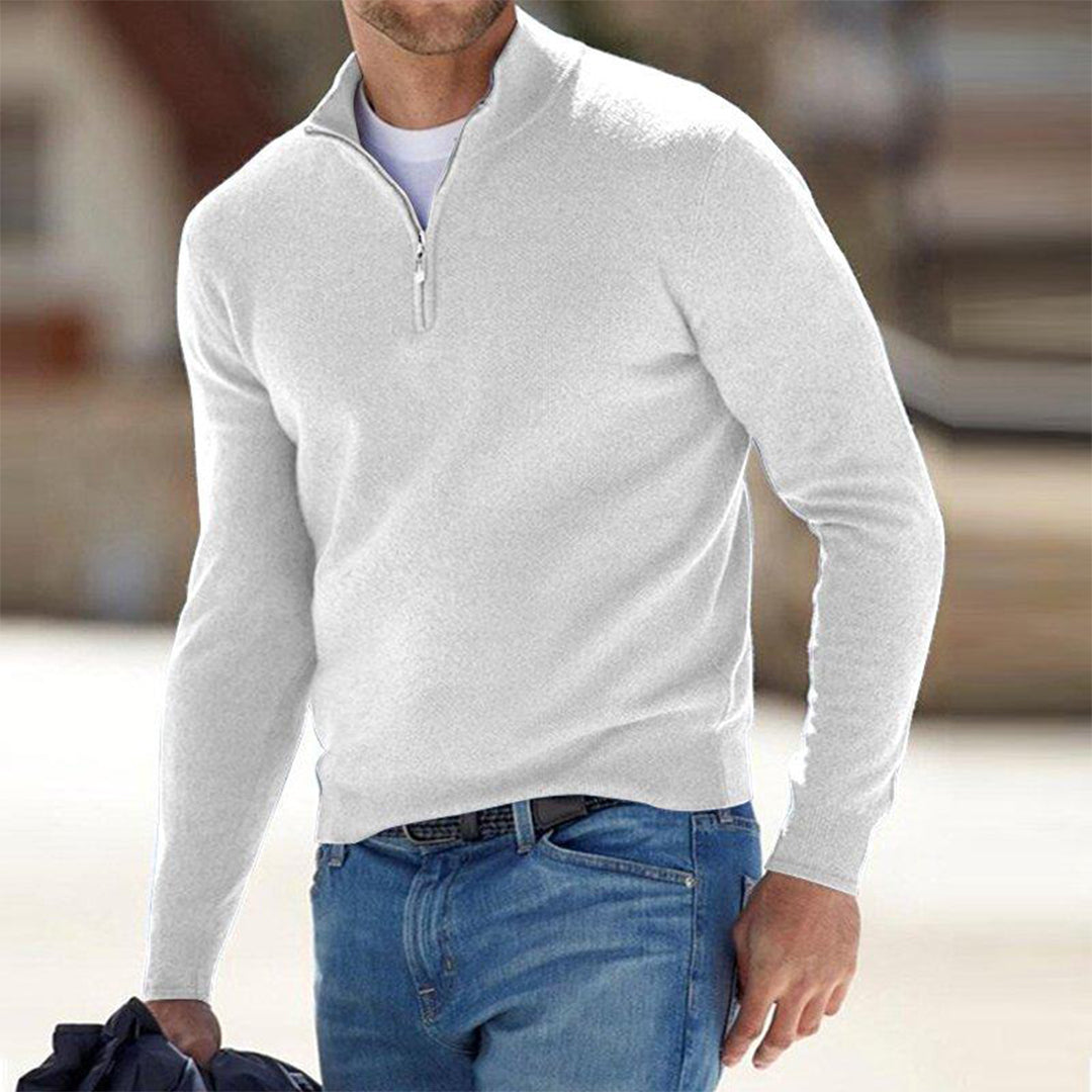 Herren-Sweatshirt mit halbem Reißverschluss – kuscheliger Langarm-Winterpullover-Weiß-S-Chaps Herrenmode