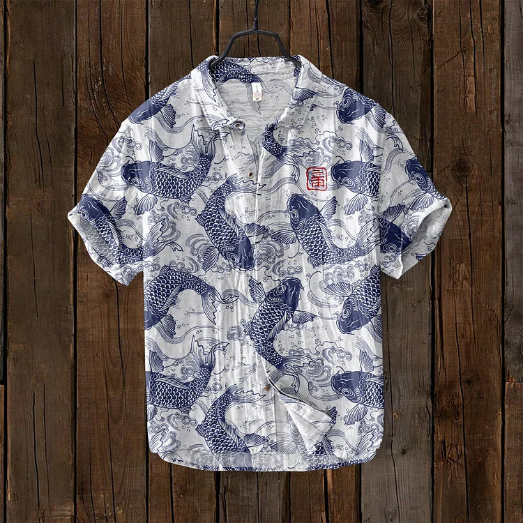 Herren-T-Shirt | Geknöpft | Bedruckt | Kurzarm-Shirt | Herren-Shirts-Blau-S-Chaps Herrenmode