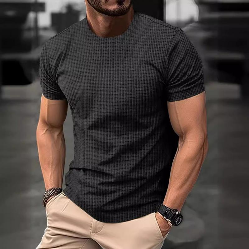 Herren-T-Shirt – Kurzarm – Reguläre Passform – Waffel-Shirt – Rundhals-T-Shirt-Grau-S-Chaps Herrenmode