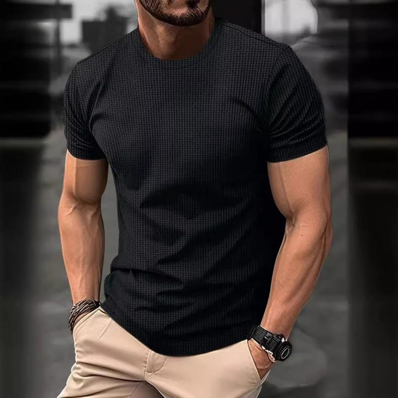 Herren-T-Shirt – Kurzarm – Reguläre Passform – Waffel-Shirt – Rundhals-T-Shirt-Schwarz-S-Chaps Herrenmode