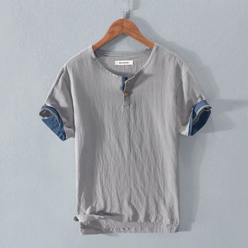 Herren-T-Shirt - Leichtes Kurzarm-T-Shirt aus Baumwolle und Leinen-Grau-S-Chaps Herrenmode