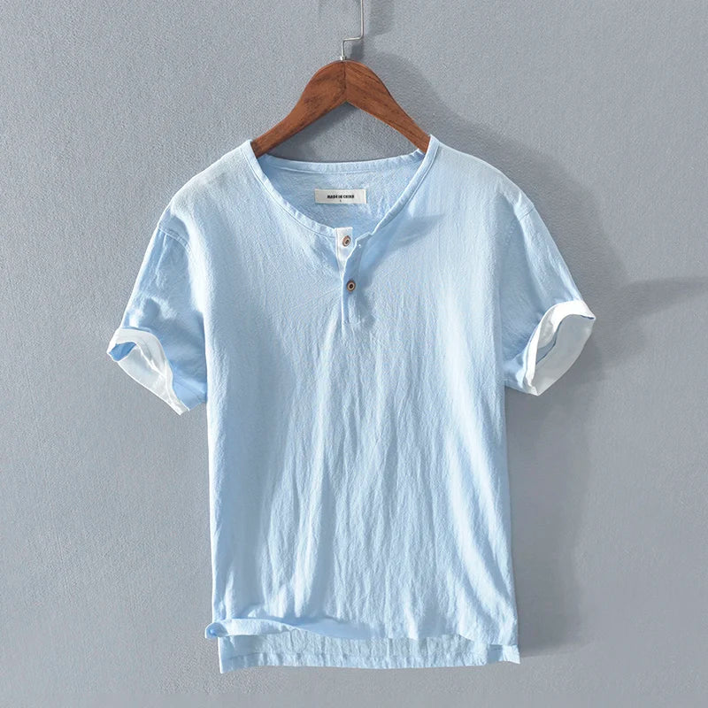 Herren-T-Shirt - Leichtes Kurzarm-T-Shirt aus Baumwolle und Leinen-Himmelblau-S-Chaps Herrenmode
