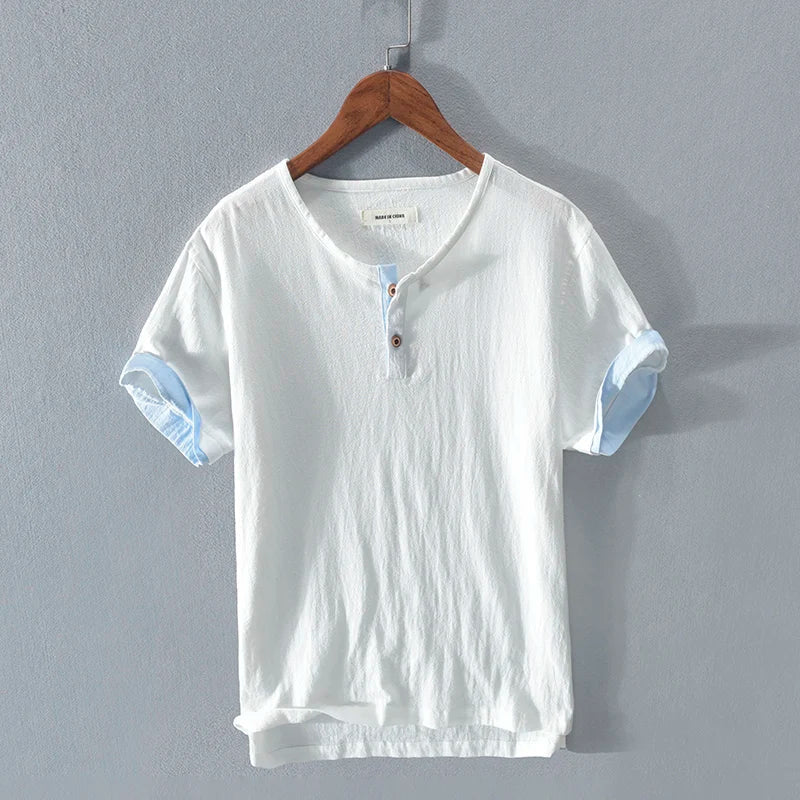 Herren-T-Shirt - Leichtes Kurzarm-T-Shirt aus Baumwolle und Leinen-Weiß-S-Chaps Herrenmode