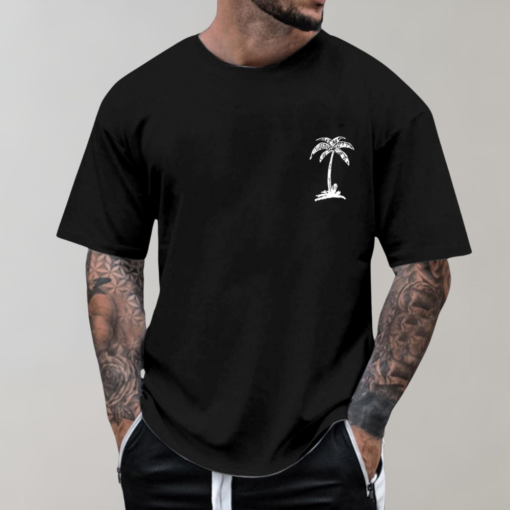 Herren T-Shirt - Palmenprint - Relaxed Fit - T-Shirt mit Rundhalsausschnitt - Herrenbekleidung-Schwarz-S-Chaps Herrenmode