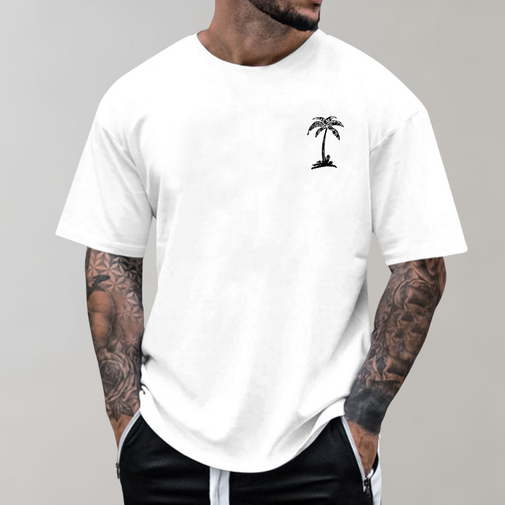 Herren T-Shirt - Palmenprint - Relaxed Fit - T-Shirt mit Rundhalsausschnitt - Herrenbekleidung-Weiß-S-Chaps Herrenmode