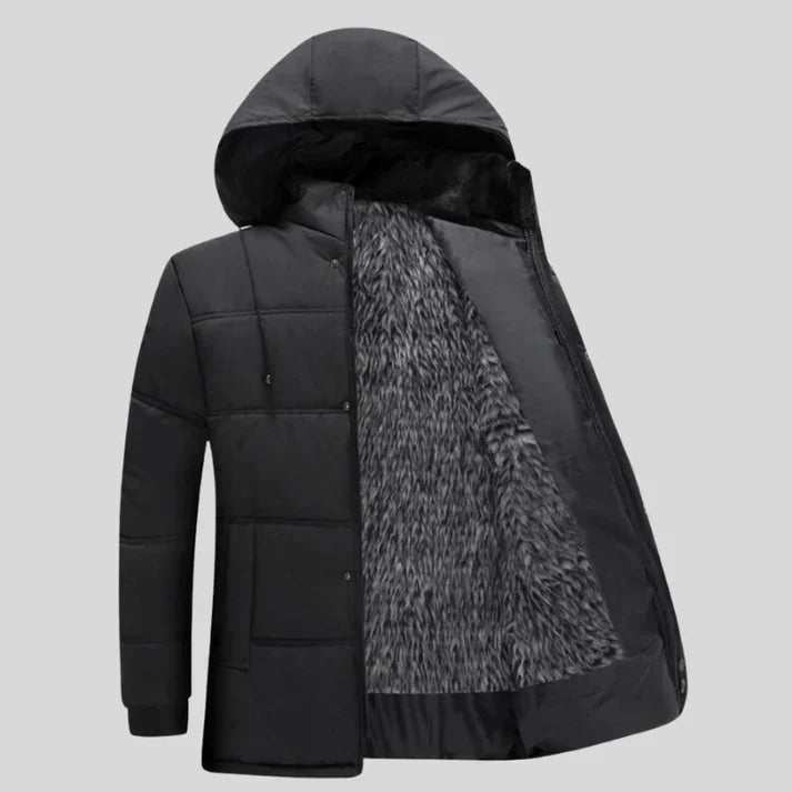 Herren-Winterjacke | Mit Kapuze | Mit Fell gefüttert | Daunenjacke | Gesteppte Herrenjacke-Schwarz-Grau-XS-Chaps Herrenmode