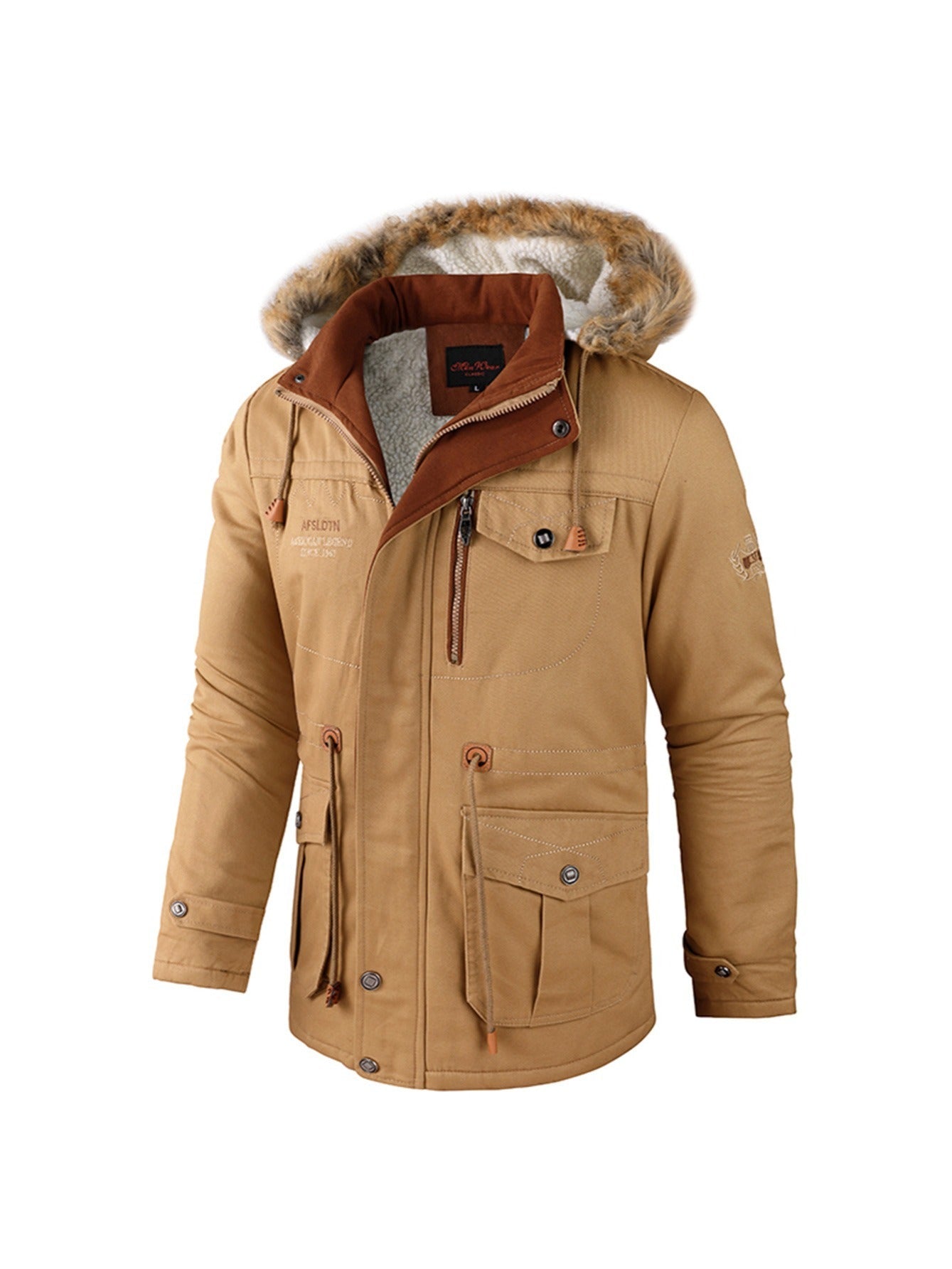 Herren-Winterjacke | Warm | Mit Kapuze | Winterparka | Jacke mit Sher-Khaki-XS-Chaps Herrenmode