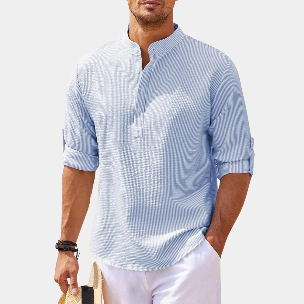 Herrenhemd - Halber Knopf - Leichtgewicht - Langarmhemd - Sommerhemd-Hellblau-S-Chaps Herrenmode