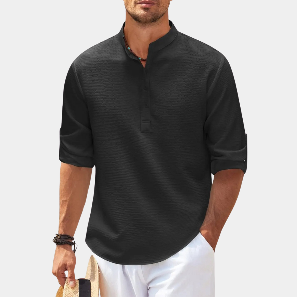 Herrenhemd - Halber Knopf - Leichtgewicht - Langarmhemd - Sommerhemd-Schwarz-S-Chaps Herrenmode